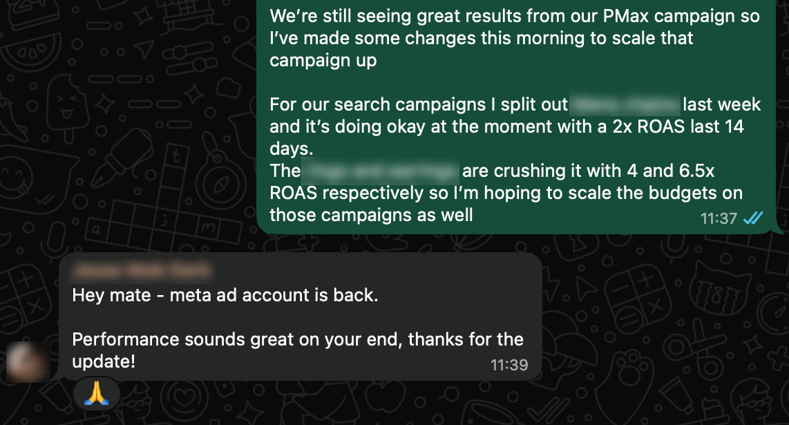 Client message: Performance sounds great on your end, thanks for the update!