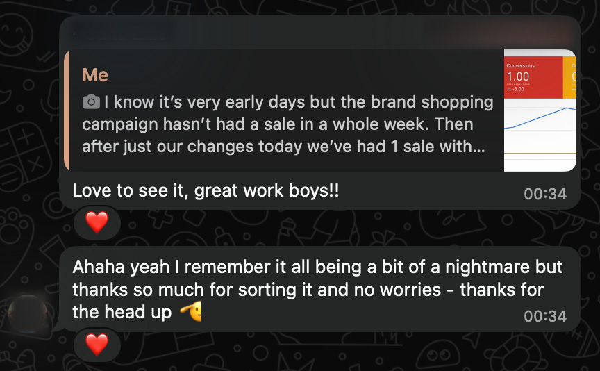 Client message: Love to see it, great work boys!!