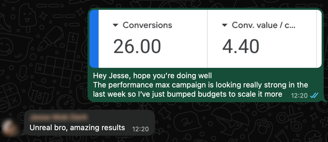 Client message: Unreal bro, amazing results